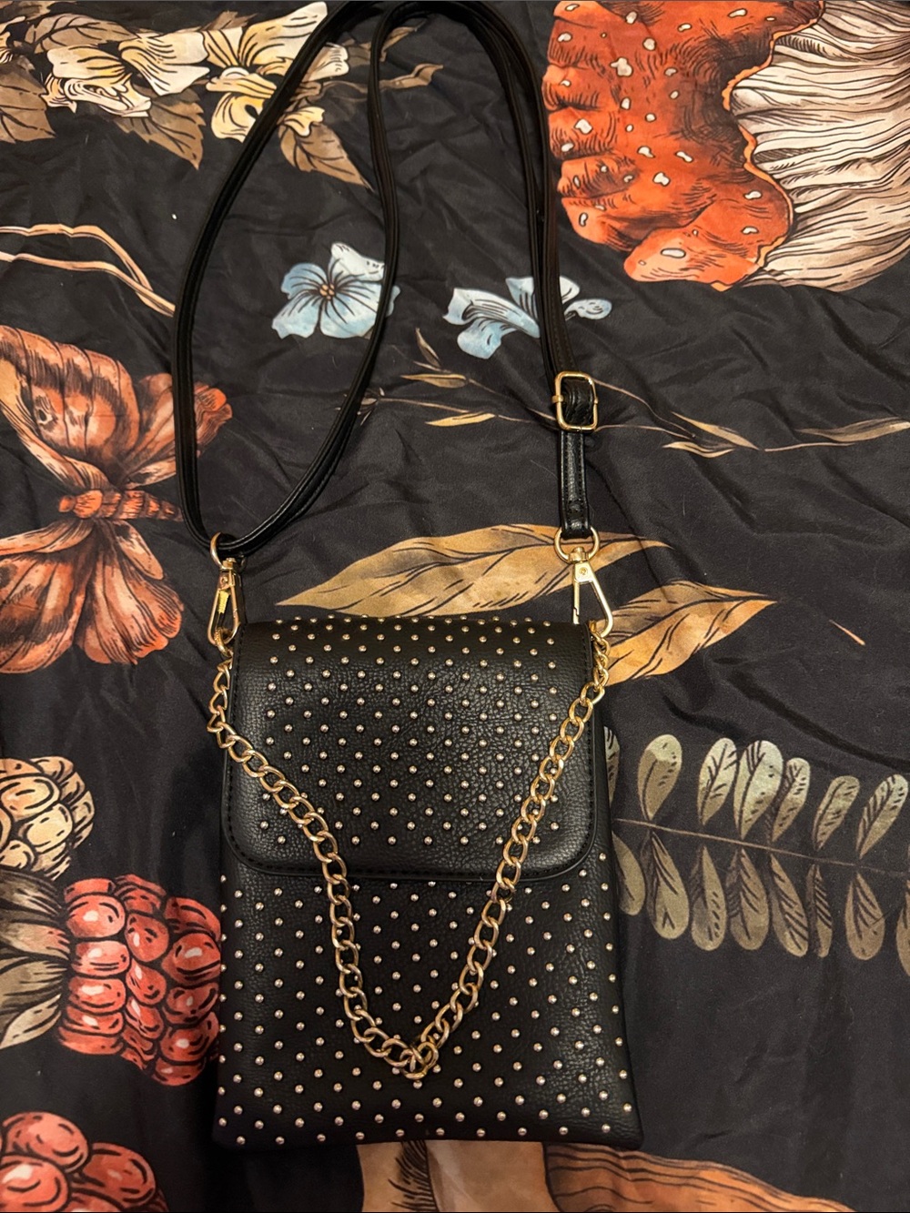 Black Studded Crossbody Bag with Gold Chain Accent